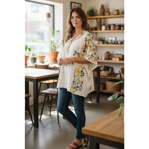 POL - Round Neck Short Sleeve Floral Knit Rib Top - Small - Picture 2 of 9